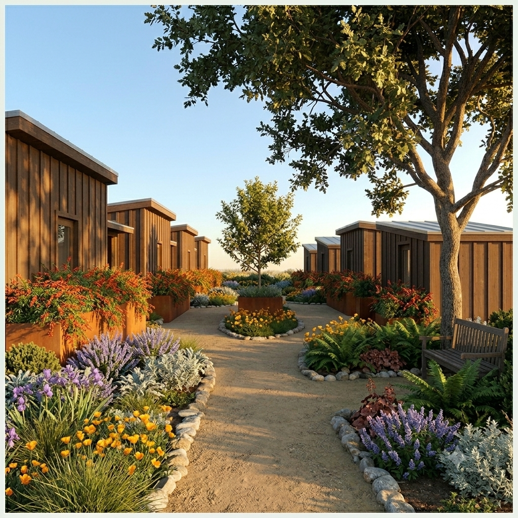 Eye-level concept render of the HART village courtyard with brown cabins, weathering-steel planters of California fuchsia, decomposed-granite path, coast live oak, and native planting in warm late-afternoon light